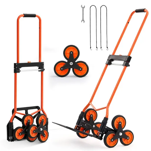 Stair Climbing Cart, 54 kg Stair-Climbing Capacity, Portable Folding Trolley Cart with Telescoping Handle, 6 Wheels and 2 Bungee Cords, Stair Climber Dolly for Home, Groceries, Warehouse