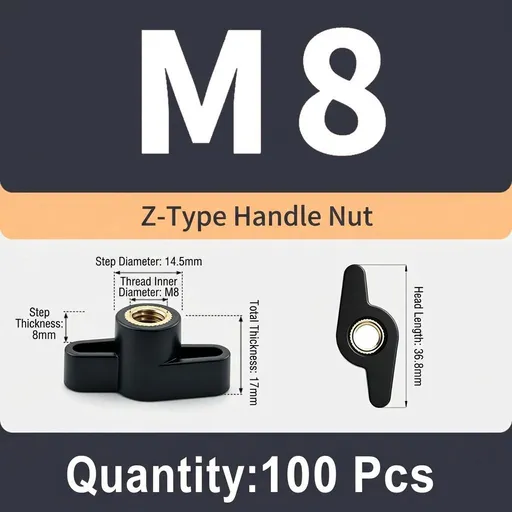 Z-Shaped Hand Knob Nut with Copper Threads for Woodworking Fixture Clamping, Machinery Adjustment, Furniture Assembly, and Food Industry Equipment Fastening Tasks (M8(100PCS ))