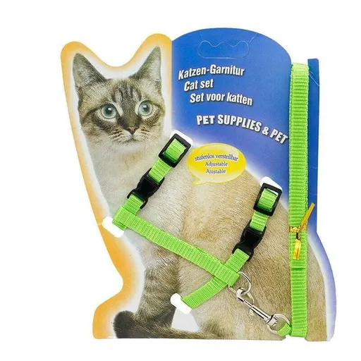 Nylon Cat Harness and Lead Set Adjustable Strap for Outdoor Walks - Green