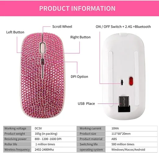 Mouse, 2. 4GHz Rechargeable Mouse Bling Dazzling Diamond Mouse Computer Mice, Compatible with Computer, PC, Laptop, Pink