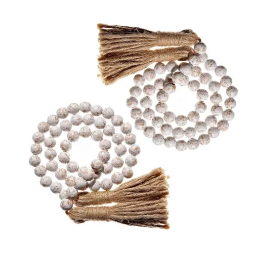 Farmhouse Wood Bead Gar with Jute Tassels Rustic Natural Wooden Decor