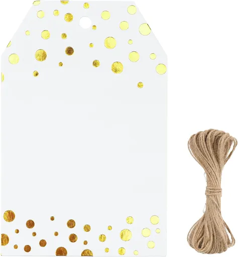Foil Gold Dots Gift Tags, 50 Pcs White Paper HangTags with String, Metallic Gold Dots Present Tags, Personalized Blank Labels for Wedding, Birthday, Party Favors (3.34"×2.16")
