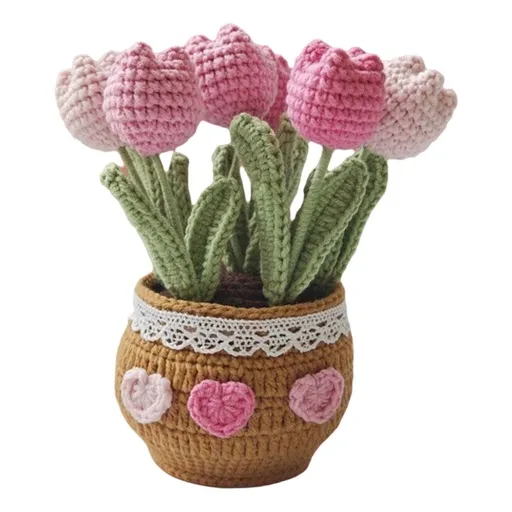 Handmade Crochet Flower Bouquet | Yarn Tulip Arrangement In Decorative Pot | Home Office Decor | Knitted Floral Centerpiece | No Maintenance Artificial Flowers | Holiday Gift