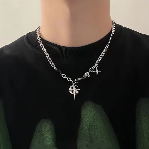 Titanium Steel Necklace Black Gem Star Hip Hop Titanium steel Awn star black gem necklace