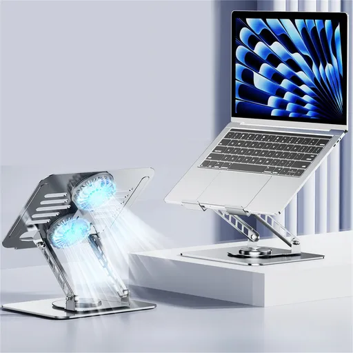 Dual Turbine Fan Cooling Metal Laptop Stand, Thick Dual Arms, Foldable, Height-Adjustable Riser—Silver