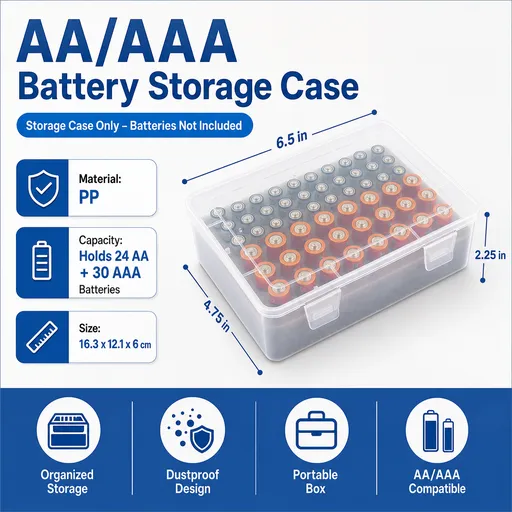 White AA/AAA Battery Storage Case 24 AA + 30 AAA Capacity Durable PP Organizer Box with Removable Foam Dustproof Portable Protective Battery Holder