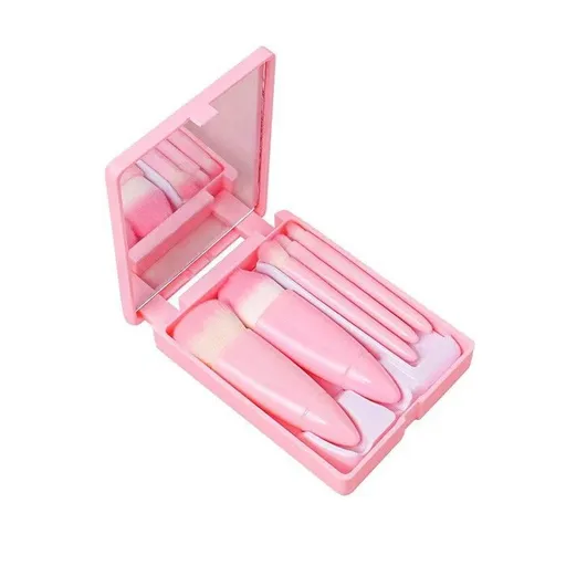 Pink 5-Piece Compact Makeup Brush Set with Mirror - Synthetic Fibre Travel Case with Foundation, Powder & Blush Brushes - Portable Beauty Tool Kit for On-the-Go Touch-Ups