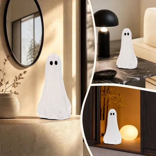 Halloween Ghost Decorations for Porch, Cute Smiling Ghost Figurine with Bow for Indoor Outdoor Tabletop Display, Polyresin Resin Ornament Shelf Mantel Windowsill Decor, Trick or Treat Party Supplies