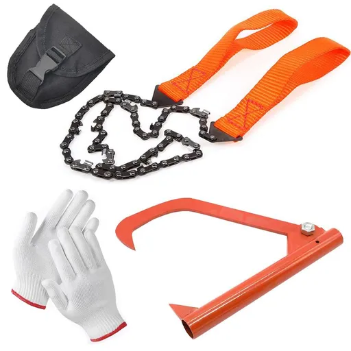 Versatile Outdoor Logging Tool Set with Hookaroon Chainsaw and Gloves for Efficient Timber Handling Pruning and Firewood Processing in Forest Environments (Log Tong + Pocket Chainsaw & Gloves Set)