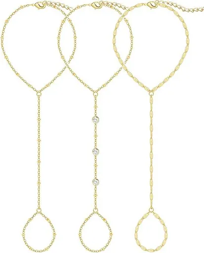 3PCS 14K Gold-Plated Hand Chain Bracelets for Women, Stack Bracelets Set Adjustable, Trendy Dainty Ring Bracelet Hand Chain