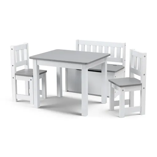 Keezi 2 in 1 Kids Table and Chair Set, Activity Table with Storage Bench and 2 Chairs for Reading, Drawing, Writing, Snack Time & Arts Crafts, 4 PCS Toddler Table and Chair Set, Grey