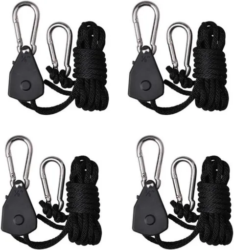 4 pieces/2 pairs - Rope ratchet - ratchet - internal gear ratchet - tow hook with carabiner - Rope ratchet hanger set - lifting device - 2m long - 150 lbs - black - for indoor plants, lighting and ventilation