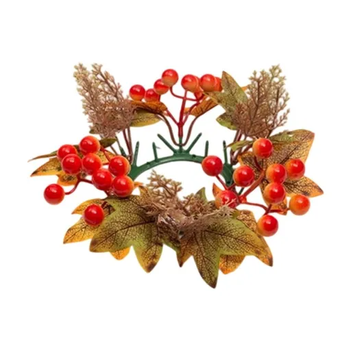 Fall Candle Ring Wreath Artificial Maple Leaf Berry Pinecone Candle Holder Wreath Harvest Thanksgiving Table Centerpiece for Dining Table Mantel Home Decor 10.24 inch B
