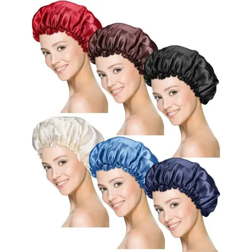 6 Pieces Sleep Cap Satin Bonnet Sleeping Hat Soft Elastic Night Hair Cover Girls (Red, Navy Blue, Dark Blue, Brown, Black, Beige)