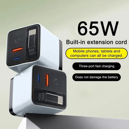 Retractable Phone Charger 3 in 1 Wall Plug 65W Fast Charging Type C Cable 2 USB Ports Foldable Portable Power Station for Laptop Phone Tablet Travel