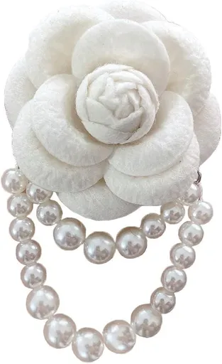 Fabric Camellia Flower Brooch Pins Pearl Tassel Corsage Jewelry Brooches for Women Shirt Collar Clothing Accessories Party Wedding Gifts, Alloy Steel, no gemstone