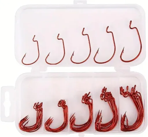 50Pcs Premium Fishing Hooks Set - High Carbon Steel, Ultra Sharp, All-in-One Box for Bass Trout Freshwater Saltwater（Red