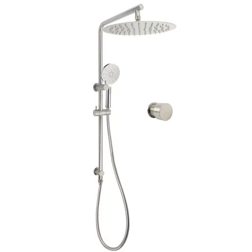 Brushed Nickel Dual Shower Set Sliding Rail Arm 12" Round Head Handheld Wall Mixer Valve