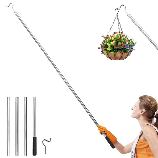 Clothes Hook Pole Detachable High Reach 37" to 64" Clothes Hanger Reaching Hook Telescopic for Hanging Bird Feeders Light Closet