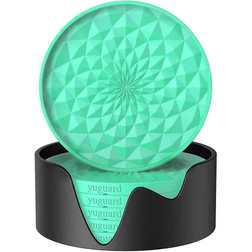 Green and Black Geometric Silicone Drink Coasters Set (6 Pack) with Holder - Non-Slip Table Protectors