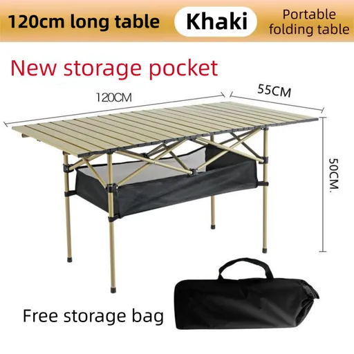 Folding Camp Table Heavy-Duty Carbon Steel 120CM Khaki Portable with Storage Bag and Mesh Net