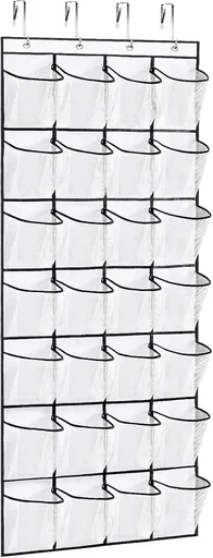 28Large Pockets Over The Door Shoe Organizer, Hanging Shoe Organizer for Closet, Premium Clear Shoe Rack for Door, Shoes Hanger Organizers Storage Holder for Back of Door and 4Metal Hook White