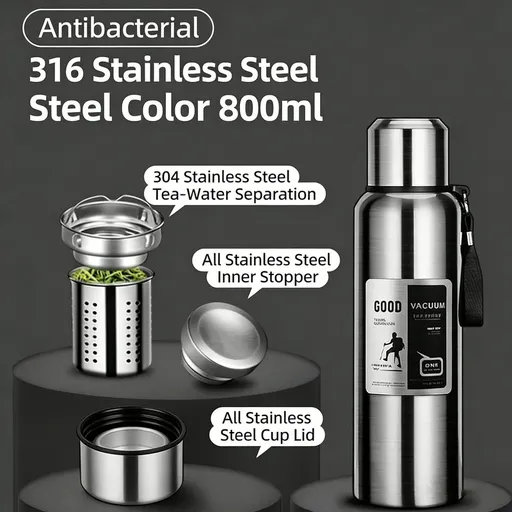 Antibacterial 316 Stainless Steel Vacuum Flask 800ml | Tea Infuser & Insulated Bottle for Hot/Cold Drinks (Bright silver)