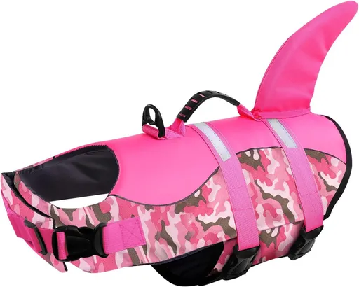 Pink Camouflage Dog Life Jacket with Handle, Reflective Flotation Vest for Water Sports, Size XS