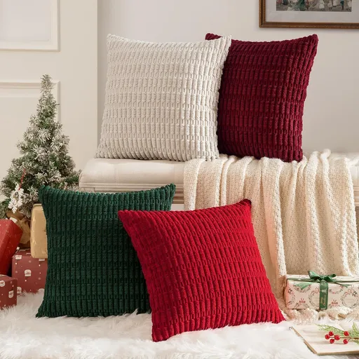 Pack of 4 Christmas Boho Farmhouse Red and Green Corduroy Decorative Throw Pillow Covers 18x18 Inch Retro Soft Striped Pillow Covers Home Decor for Sofa Living Room Couch Bed