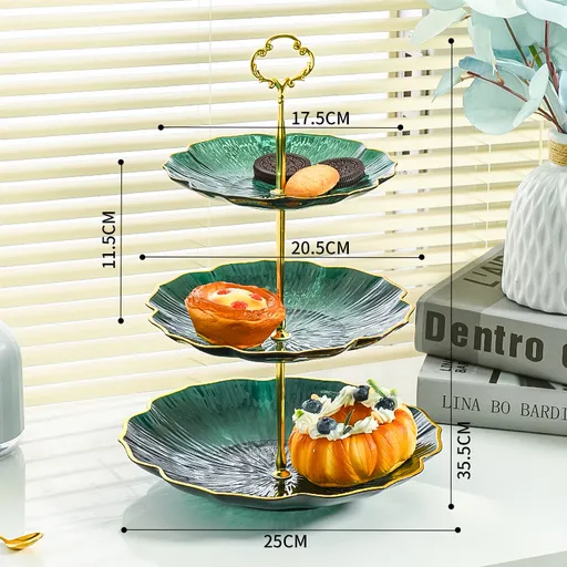 3-Tier Modern Fruit & Snack Stand – Green Reinforced Tiered Platter with Durable Iron Art Support for Home, Reception, and Office