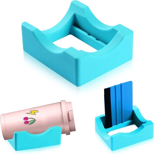 Silicone Tumbler Cradle with Built-In Slot, Craft Cup Holder and Felt-Edge Squeegee for Applying Vinyl Decals to Cups and Bottles, Cyan