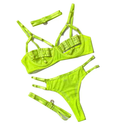 Hod Health & Home Colourful Sexy Open Bra Bondage Fetish Lingerie Set Black Hunter Green Neon - Neon Green - M