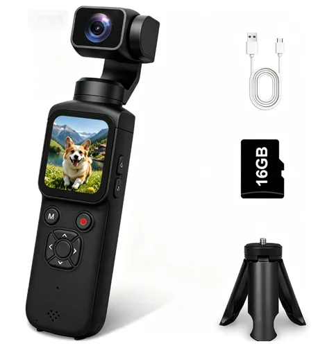 AT-M105 Pocket Gimbal Vlog Camera, 4K HD Handheld Video Camera，black，16GB