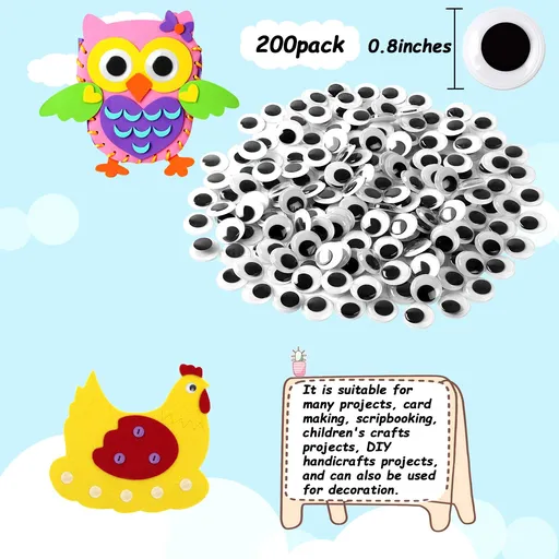 200 Pieces Wiggle Eyes Self Adhesive Black White Googly Eyes for DIY Crafts Decoration Stickers(20mm)