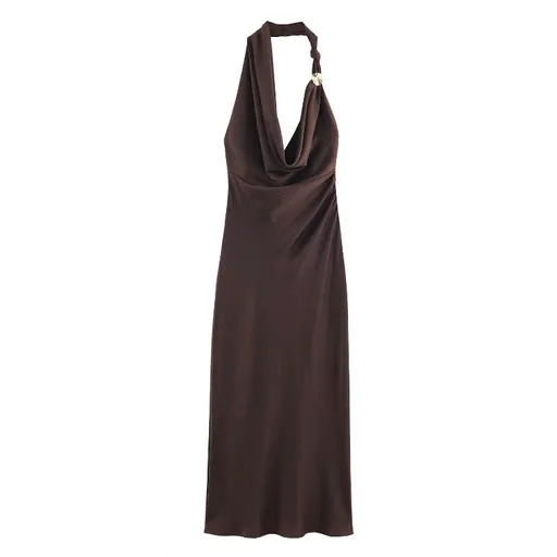 S Elegant Halter Neck Satin Midi Dress - Sexy Asymmetric Draped Evening Gown with Metal Hardware Accent for Women