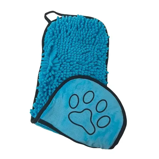 Blue Chenille Pet Drying Towel with Dual Hand Pockets - Ultra Absorbent, Quick Dry, Soft Microfiber, Durable Stitching - for Dogs and Cats Bathing, Grooming, Travel