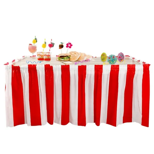 Carnival Table Skirt Red White Stripe Plastic Waterproof 14ft Long 29in High Adhesive Party Decoration for Circus Birthday Wedding Outdoor Banquet Durable Reusable Rectangular Table
