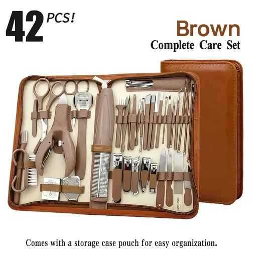 ✨ 42-Piece Stainless Steel Manicure & Pedicure Set | Sharp & Rust-Resistant | Classic Leather Case, Perfect for Thick Toenails, Ideal Gift for Men & Women/BROWN