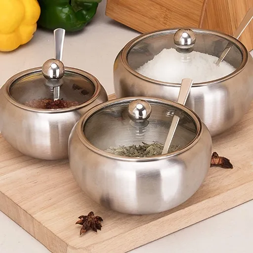 Stainless Steel Condiment Jar Set with Lid and Spoon, Sugar Storage Pot, Seasoning Container for Kitchen Use