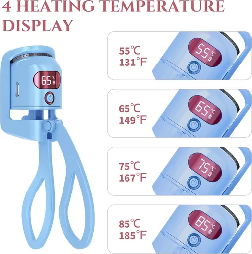 Heated Eyelash Curler, 4 Heating Temperature Display Heated Lash Curler Rechargeable, for Long-Lasting Curled Lashes (Blue)