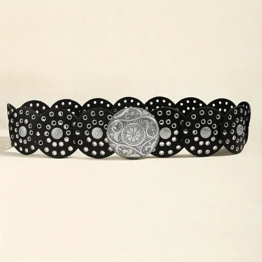 Women's Y2K Vintage Style Wide Waist Belt Black Faux Leather Disc Linked Grommet Studded with Engraved Western Buckle for Jeans and Festivals