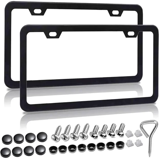 2 Pcs Matte Black License Plate Frames With Screw Caps, Rust Proof Aluminum Universal Frames for Cars and Trucks