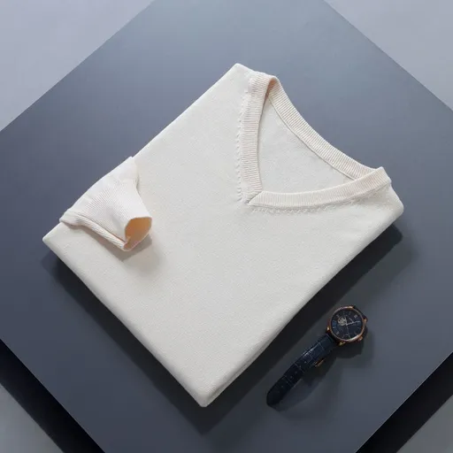 Men V Neck Pullover Knitwear Loose Long Sleeve Beige XL