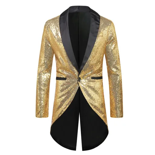 Men Sequin Suit One Button Casual Polyester Gold 2XL