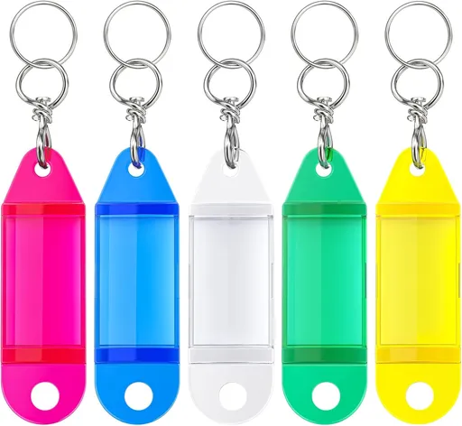 25 Pack Crystal Clear Tough Plastic Key Tags with Swivel Split Ring Label Window Assorted Colors