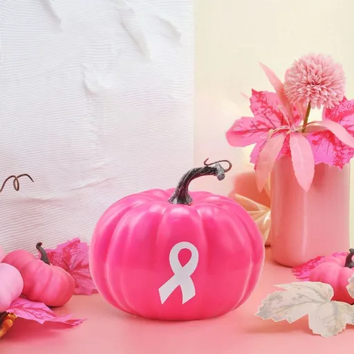 1 Pcs Breast Cancer Awareness Decorations Artificial Pumpkins Bulk Faux Foam Pumpkins with Pink Ribbon Pattern for Fall Halloween Table Decor (Hot Pink)
