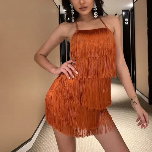 Women's Halter Neck Tassel Playsuit Sexy Backless Tiered Fringe Romper Coffee brown for Summer Festivals and Parties S