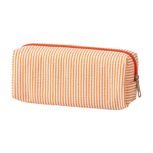 Large Capacity Striped Pencil Case - Orange and White Fabric Stationery Storage Pouch with Smooth Zipper, 21 x 7.5 x 8 cm for Pens, Pencils and Desk Organisation