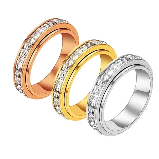 3-Piece Anxiety Spinner Meditation Bands Set - Full Zircon Inlaid Stainless Steel Rings for Stress Relief - US Size 9