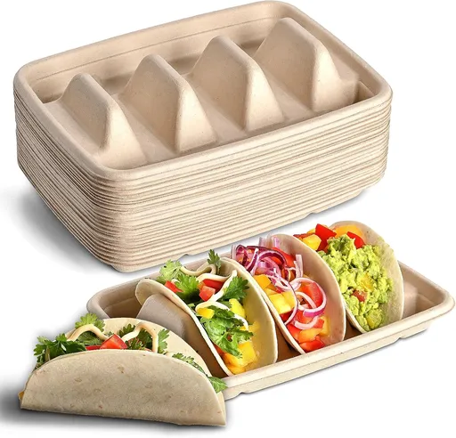 24PCS Disposable Taco Holders for Party, Premium Paper Taco Plates with 3 Dividers, Fiesta Tacos Holder Tray for Taco Tuesday Bar Serving Set, Decorations Supplies